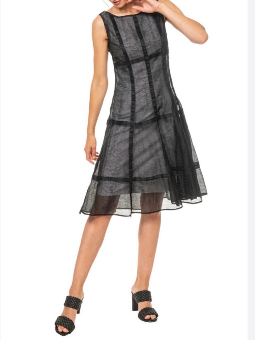 Sleeveless Black Midi Dress with Sheer Paneled Overlay